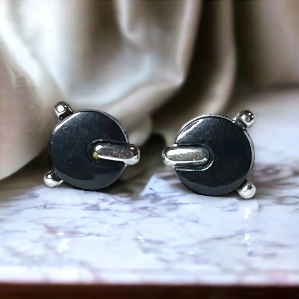 Vintage Cufflinks Men’s Silver Tone Black Glass Art Deco Unsigned